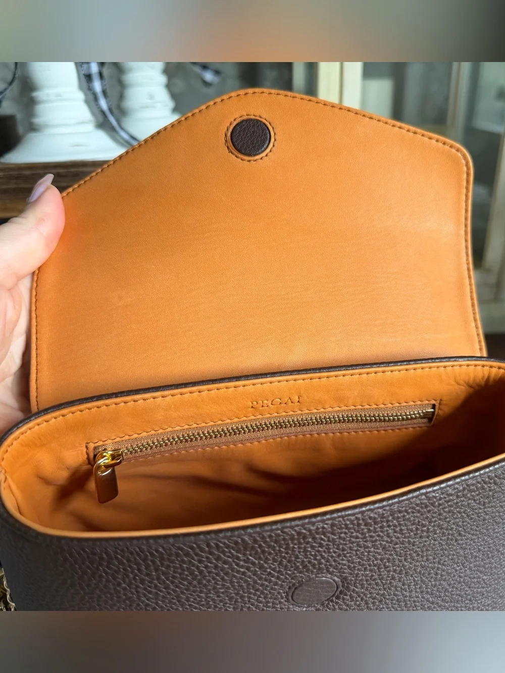 PEGAI Shrunken Calf Cafe Togo Leather Helen Crossbody Purse Bag